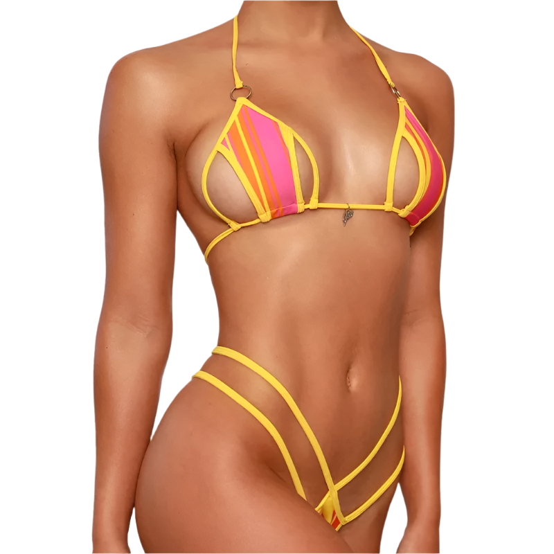 pink and yellow bikini with strappy design.