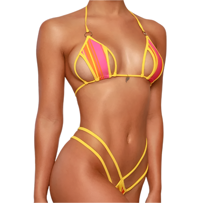 pink and yellow bikini with strappy design.