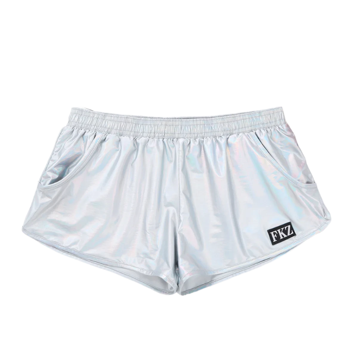 Shiny, reflective shorts with an elastic waistband and a small logo patch, offering a futuristic look.