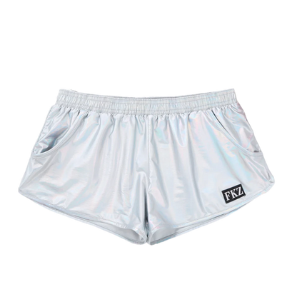 Shiny, reflective shorts with an elastic waistband and a small logo patch, offering a futuristic look.