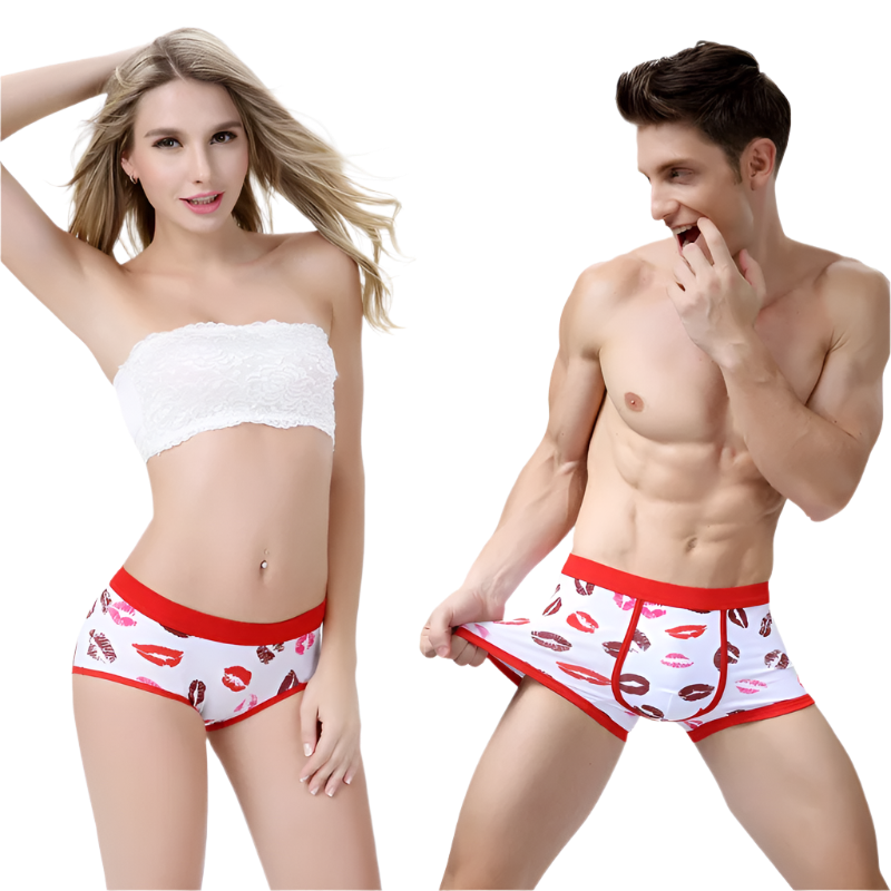 2pcs Fashion Couple Panties Set Mens Boxers Shorts Sexy Kiss Lips Women's Underwear