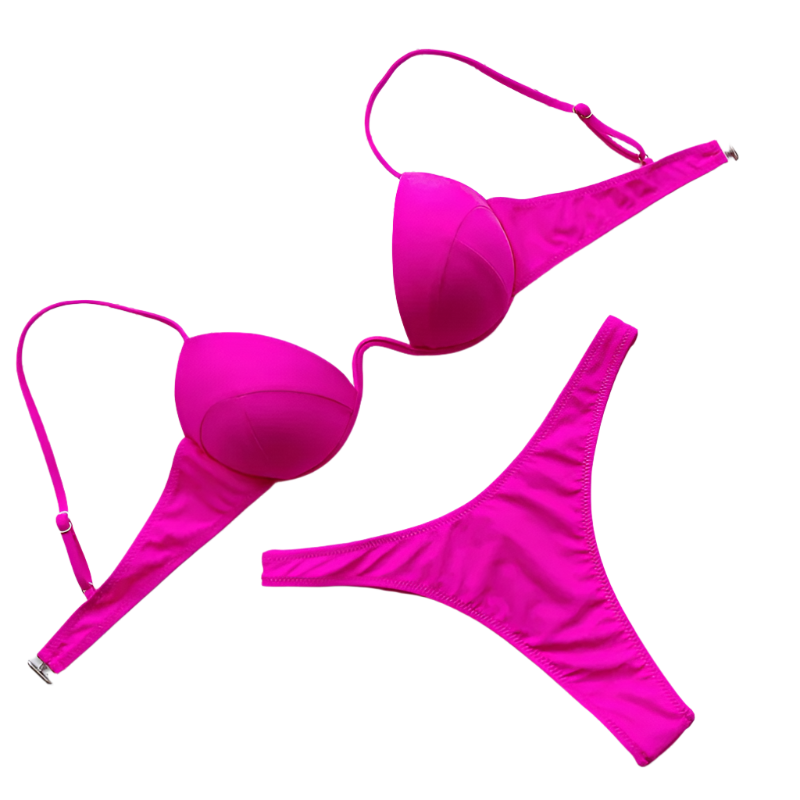 A  bikini with a structured top and matching bottoms. The vibrant color is bold and eye-catching, perfect for standing out.