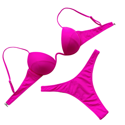 A  bikini with a structured top and matching bottoms. The vibrant color is bold and eye-catching, perfect for standing out.