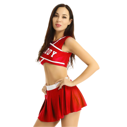 Person wearing a red cheerleading outfit with 'JOY' on a white background