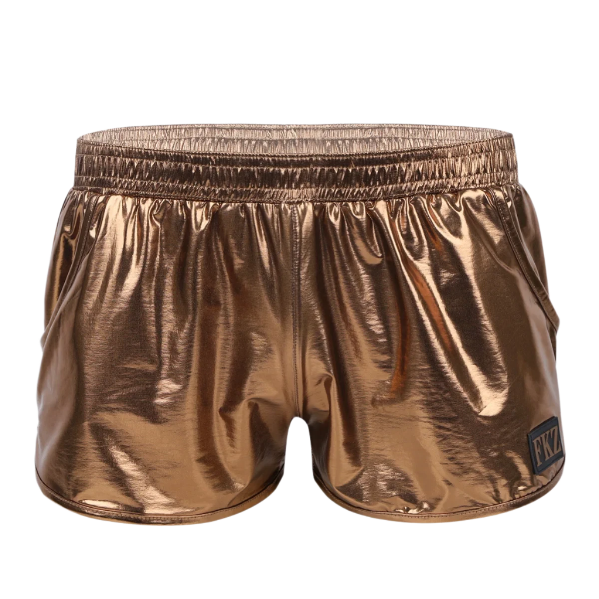 Shiny, reflective shorts with an elastic waistband and a small logo patch, offering a futuristic look.