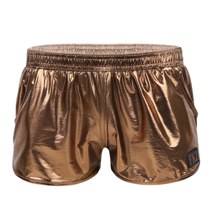 Shiny, reflective shorts with an elastic waistband and a small logo patch, offering a futuristic look.