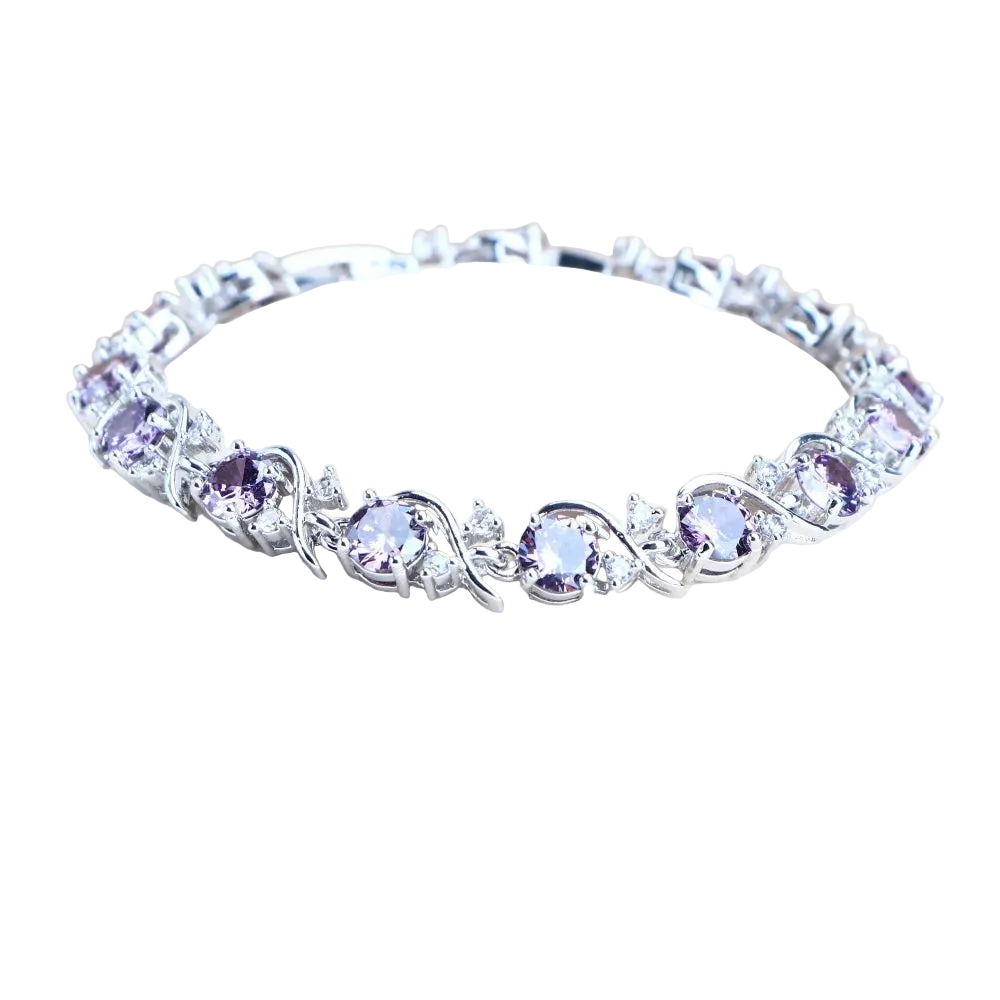 Silver bracelet with purple stones on a branded stand
