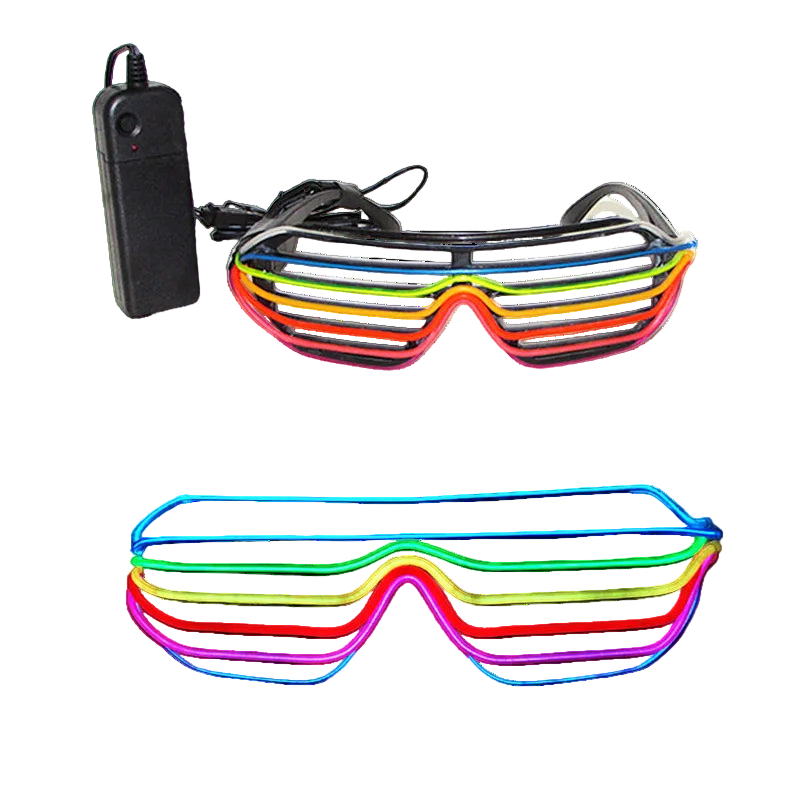 Colorful LED goggles with a power adapter on a white background