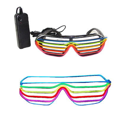 Colorful LED goggles with a power adapter on a white background
