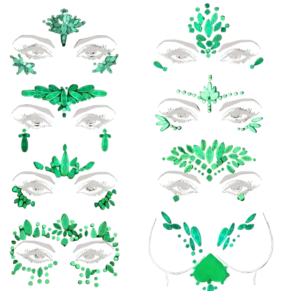 Glowing green face paint designs on a black background