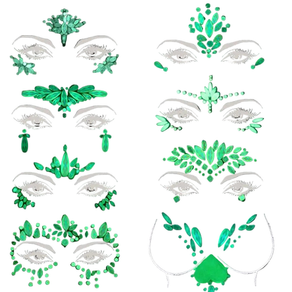 Glowing green face paint designs on a black background