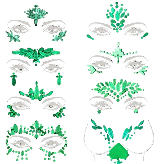 Glowing green face paint designs on a black background