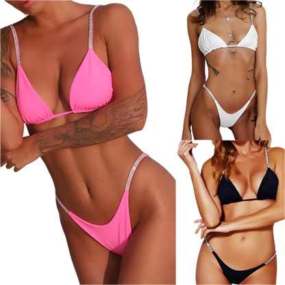 Bikini Set: Three bikini sets in pink, white, and black. Each features a triangle top and matching bottoms with sparkling straps, creating a sleek and stylish beachwear look.

