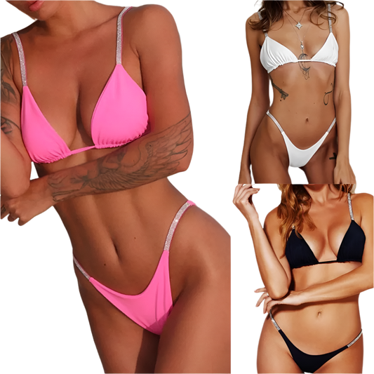 Bikini Set: Three bikini sets in pink, white, and black. Each features a triangle top and matching bottoms with sparkling straps, creating a sleek and stylish beachwear look.

