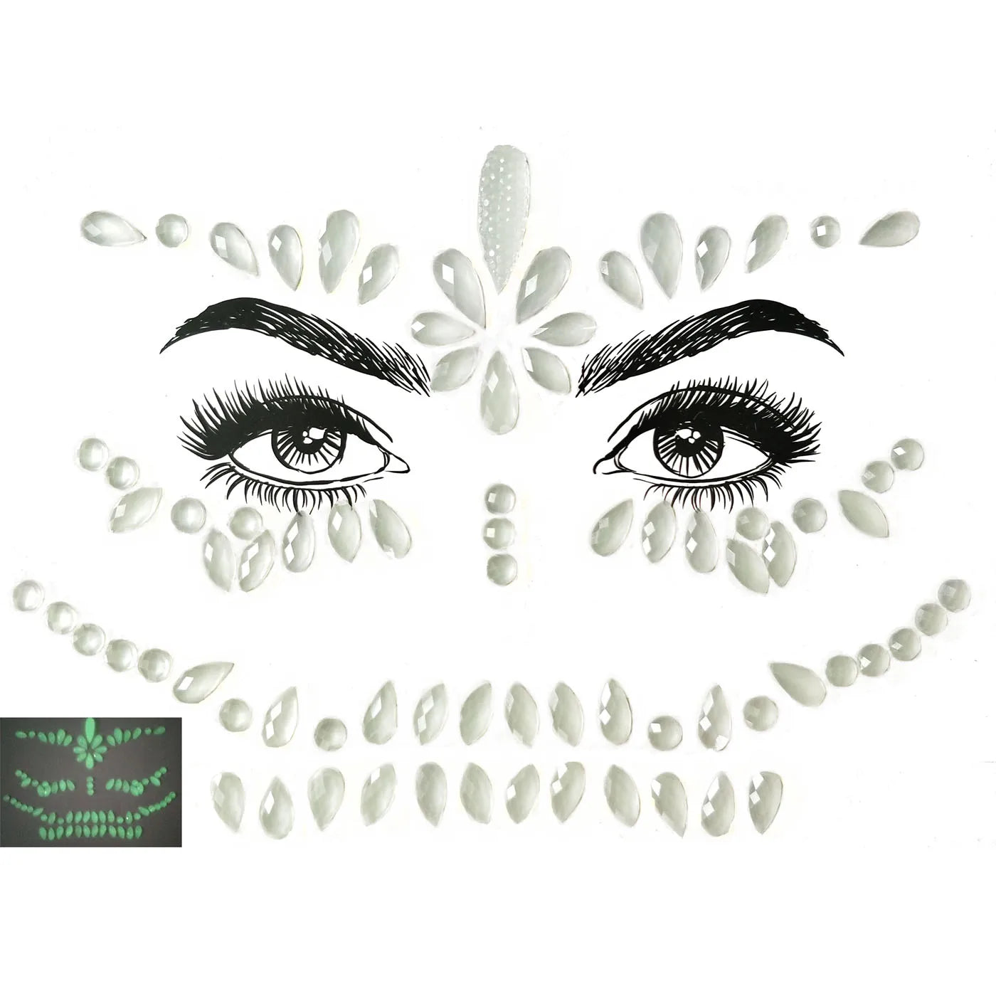 Face paint design with eyes and decorative elements on a white background