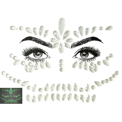 Face paint design with eyes and decorative elements on a white background