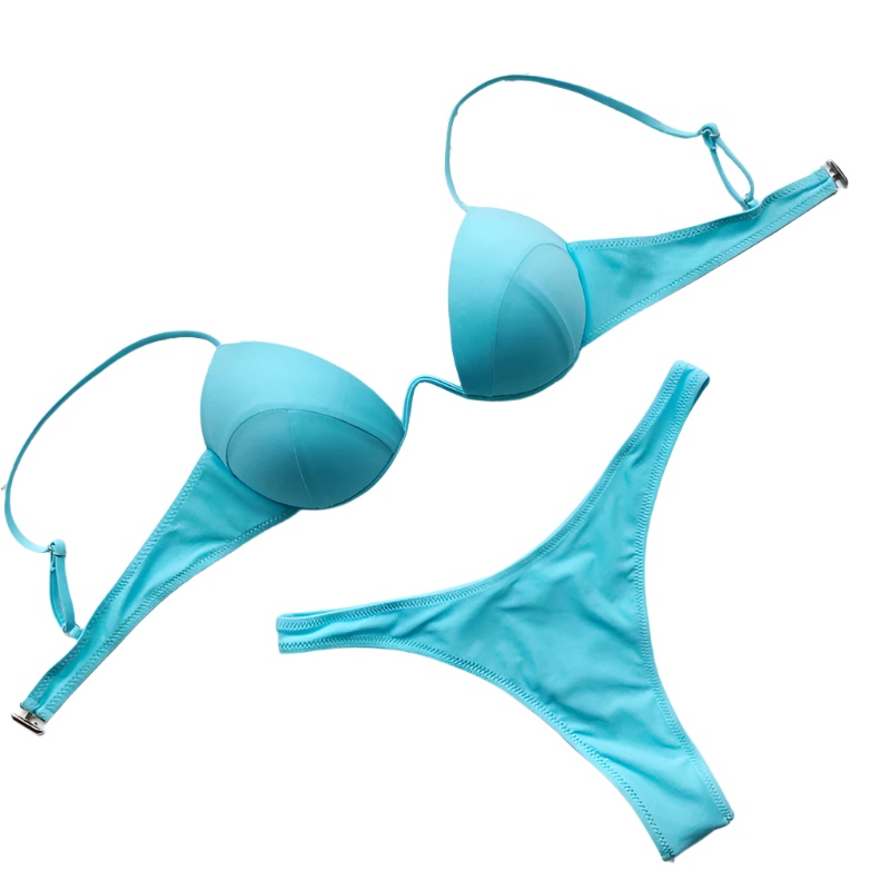 A  bikini with a structured top and matching bottoms. The vibrant color is bold and eye-catching, perfect for standing out.