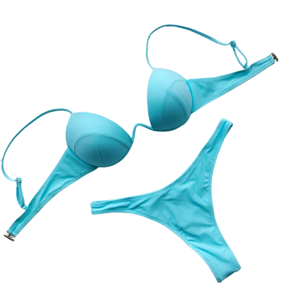 A  bikini with a structured top and matching bottoms. The vibrant color is bold and eye-catching, perfect for standing out.