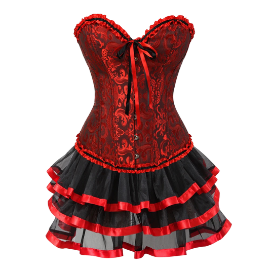 A pink Victorian-style corset with an overbust design, lace-up front, and a black tutu skirt with pink ribbons.