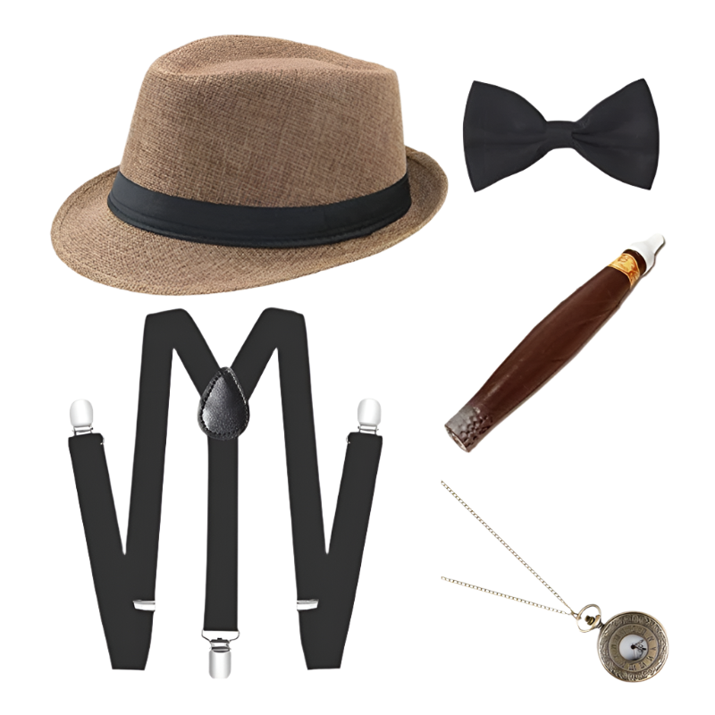 Men's Roaring 20s Gatsby accessories set with retro gangster style for resort theme nights

