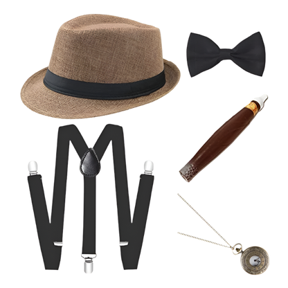 Men's Roaring 20s Gatsby accessories set with retro gangster style for resort theme nights

