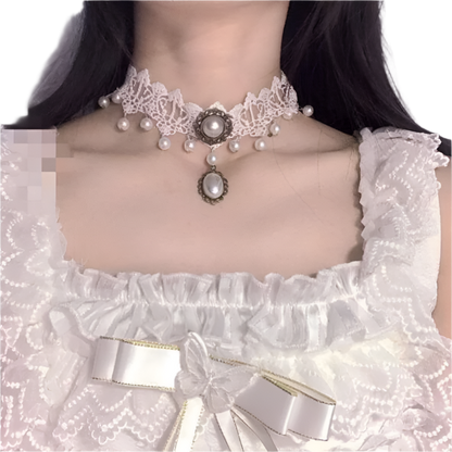 White lace choker with pearl accents and tassel details - perfect for alternative resort brides and theme nights