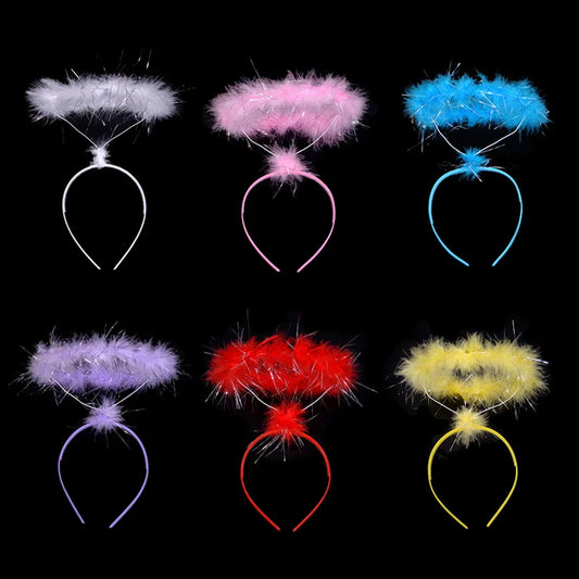 six halo headbands, each with fluffy, feathery halos in different colors: white, pink, blue, purple, red, and yellow. The halos are attached to thin bands, creating a whimsical and playful appearance.