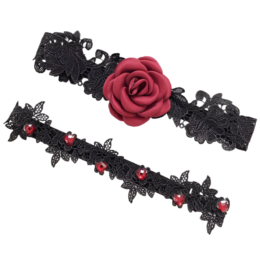 2-piece rose lace garter set in navy and red with floral details for romantic resort evenings

