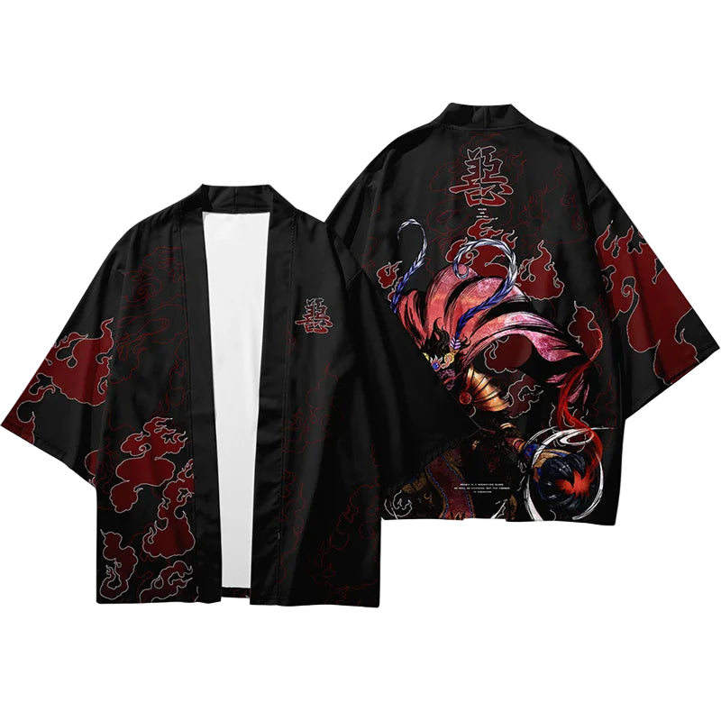 Black kimono jacket with red dragon design on a white background