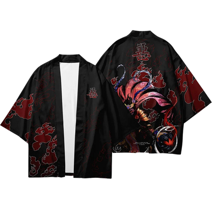 Black kimono jacket with red dragon design on a white background