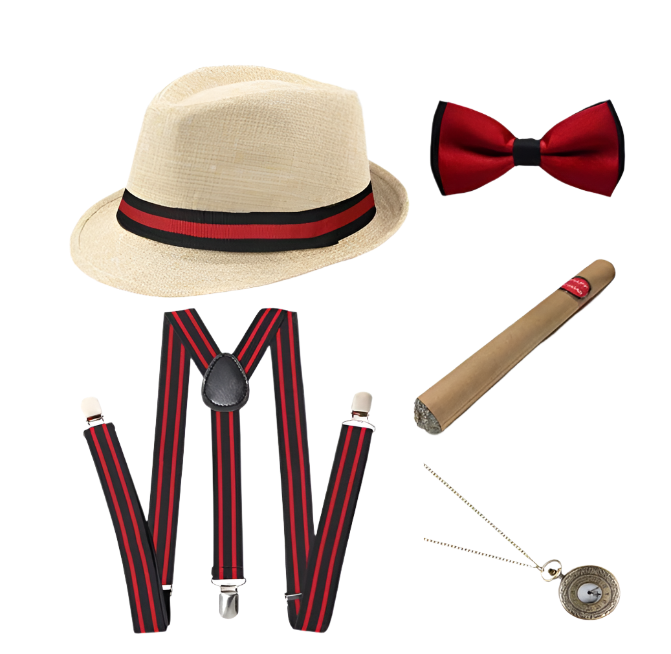 Men's Roaring 20s Gatsby accessories set with retro gangster style for resort theme nights

