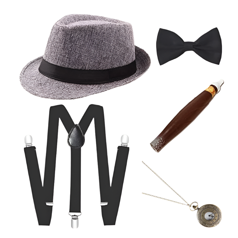 Men's Roaring 20s Gatsby accessories set with retro gangster style for resort theme nights

