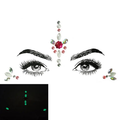 Eye makeup design with gemstones and a close-up of glowing green gemstones.