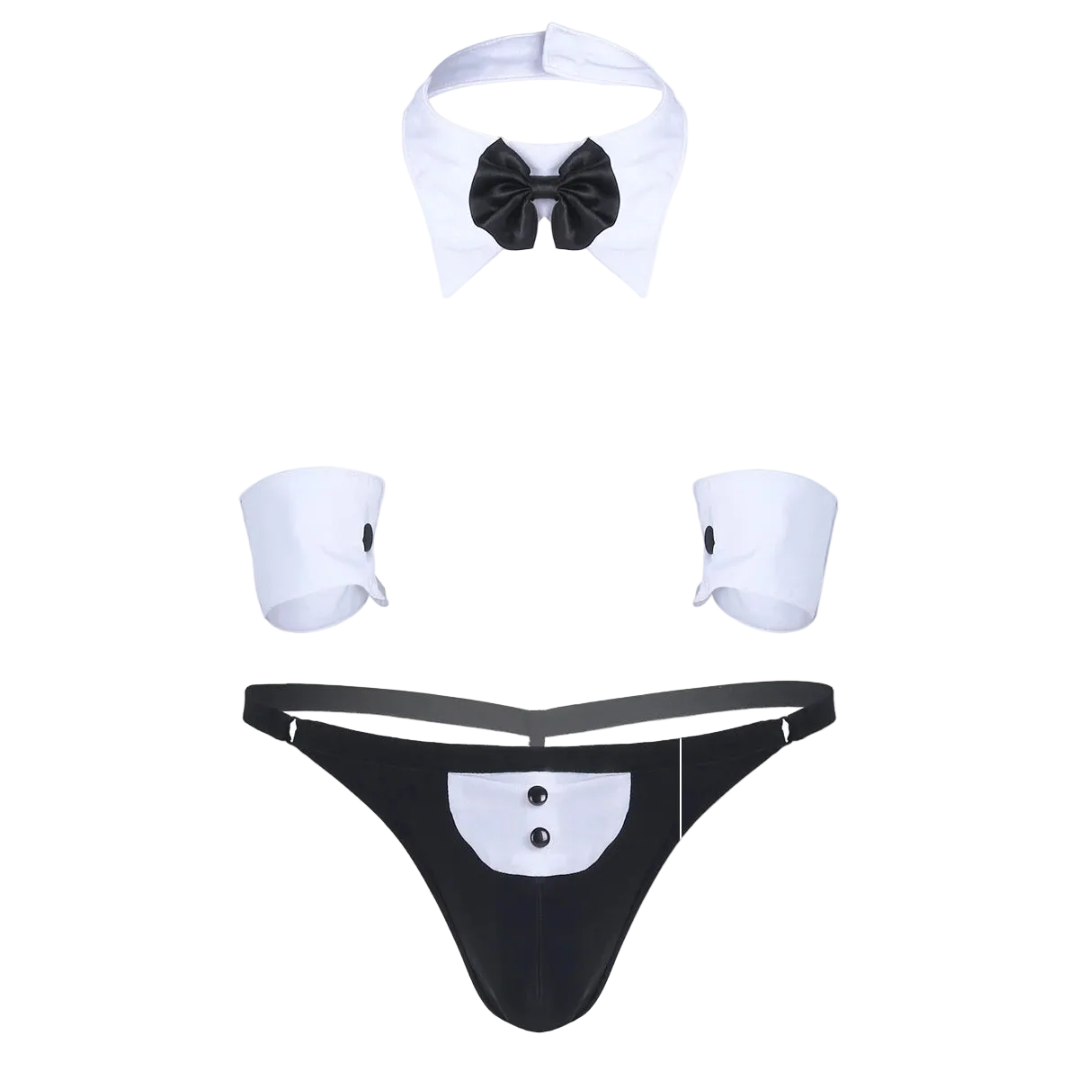 Black and white lingerie set with a bow tie on a white background