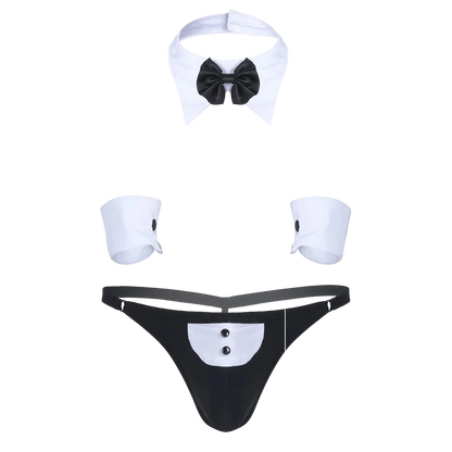 Black and white lingerie set with a bow tie on a white background