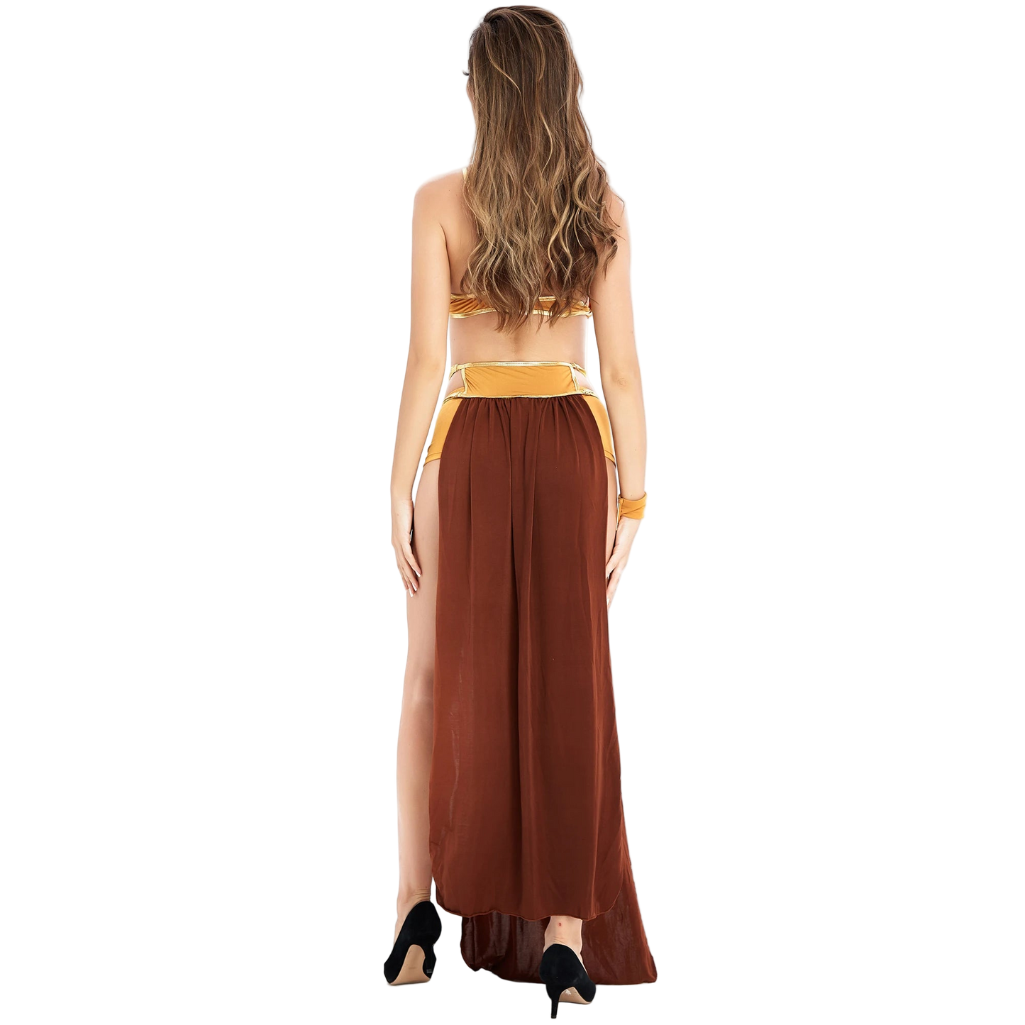 Woman wearing a brown and gold dress with sheer panels on a white background