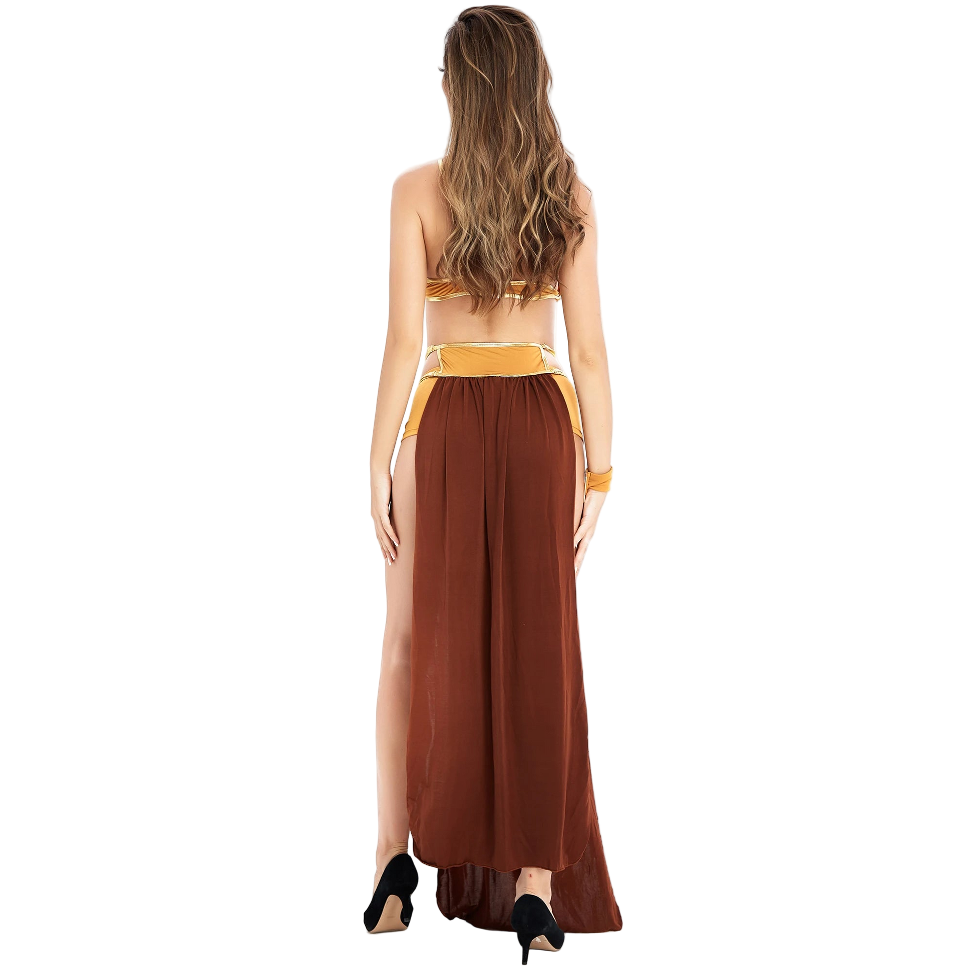 Woman wearing a brown and gold dress with sheer panels on a white background