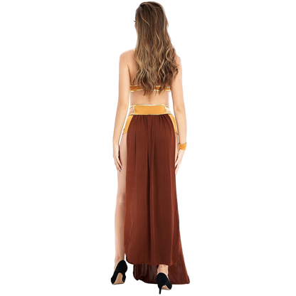 Woman wearing a brown and gold dress with sheer panels on a white background