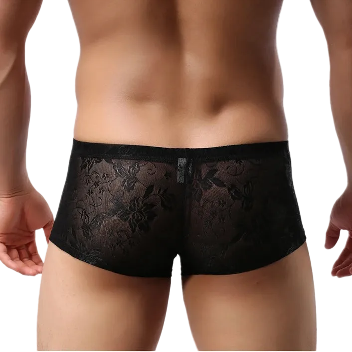 Black lace underwear worn by a person on a white background