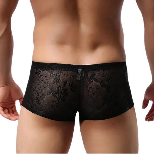 Black lace underwear worn by a person on a white background