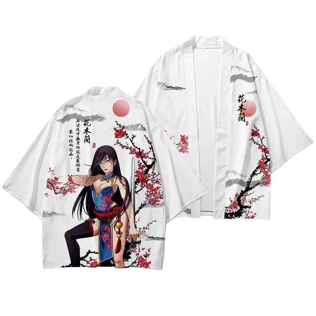 Two white shirts with an anime-style design featuring a character and cherry blossoms on a white background.