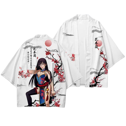 Two white shirts with an anime-style design featuring a character and cherry blossoms on a white background.
