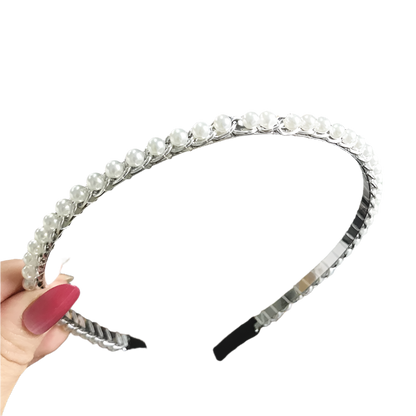 Elegant sunflower pearl hairband with vintage chain accents - perfect for resort day-to-night styling