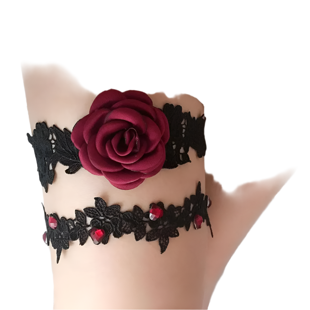 2-piece rose lace garter set in navy and red with floral details for romantic resort evenings

