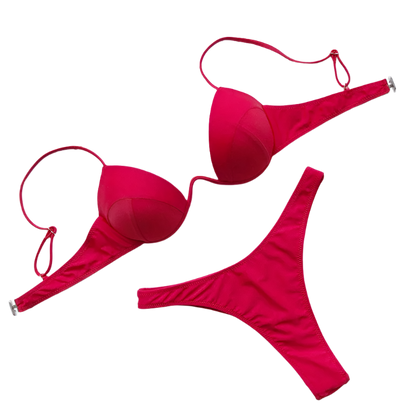 A  bikini with a structured top and matching bottoms. The vibrant color is bold and eye-catching, perfect for standing out.