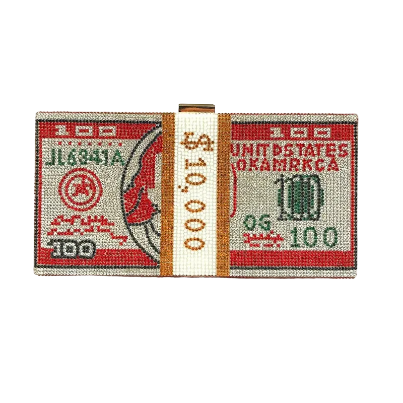 Small pouch designed to resemble a $100 bill with a beer mug and other graphics on a white background.