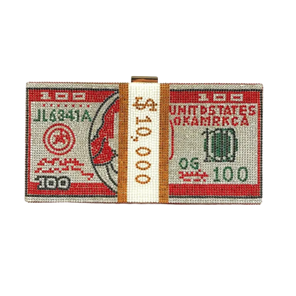 Small pouch designed to resemble a $100 bill with a beer mug and other graphics on a white background.