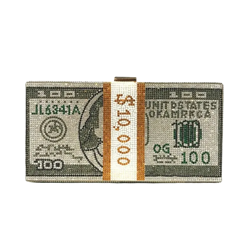 Clutch bag designed to look like a $100 bill on a white background