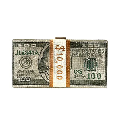 Clutch bag designed to look like a $100 bill on a white background