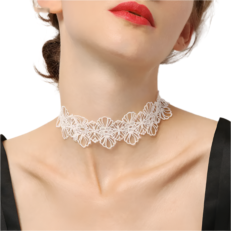 White lace choker with pearl accents and tassel details - perfect for alternative resort brides and theme nights